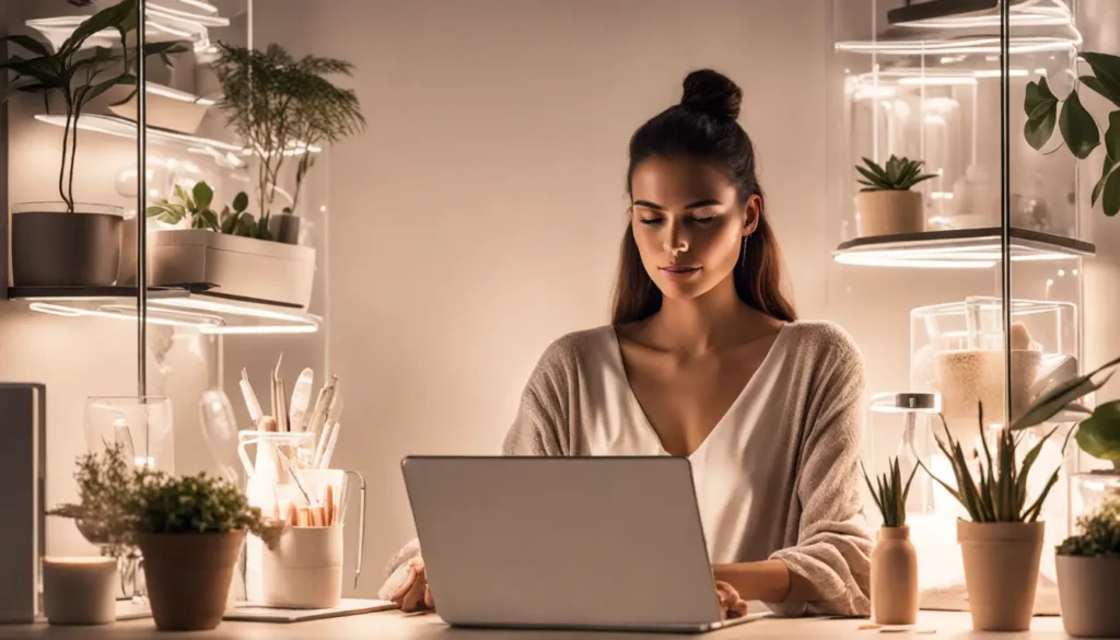 Mulher de negócios em escritório moderno com laptop, gráficos e produtos de beleza sobre mesa de vidro.