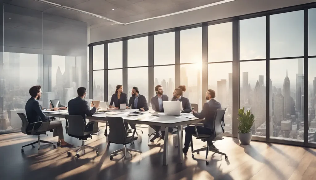 Profissionais em reunião discutindo estratégias com laptops e gráficos em um escritório iluminado com vista para a cidade.