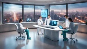 Médico virtual em tela digital assistindo família em consultório moderno com equipamentos futurísticos.