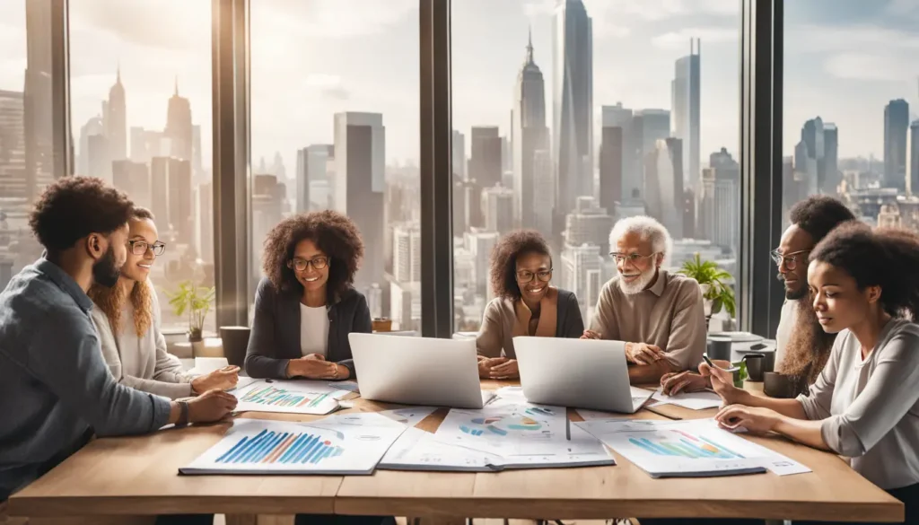 Pessoas diversas discutindo marketing multinível em um escritório moderno com gráficos coloridos e notebook.