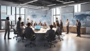 Pessoas trabalhando em equipe em escritório com laptops e gráficos de marketing na parede.