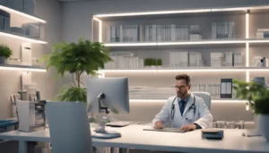 Médico em escritório de telemedicina moderno usando laptop com monitor grande exibindo dados de pacientes e prateleiras de livros médicos.