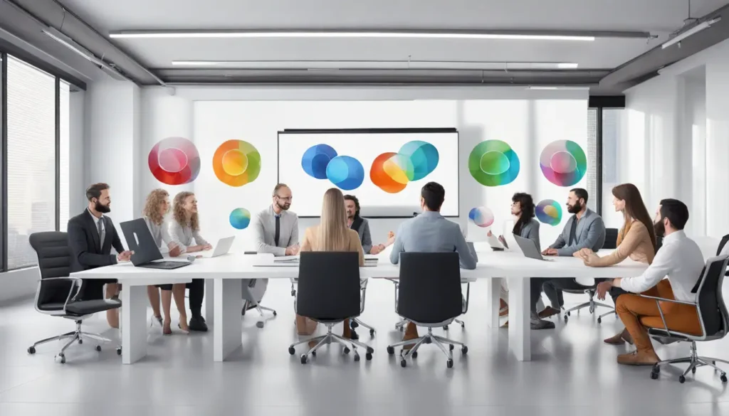 Pessoas discutindo estratégias de marketing em uma sala de conferência com gráficos no quadro branco.