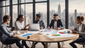 Grupo de pessoas em torno de mesa discutindo plano de negócios com gráficos coloridos, laptops e xícaras de café.