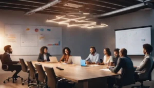 Pessoas diversas em torno de uma mesa grande discutindo estratégia de marketing de rede em um escritório moderno.
