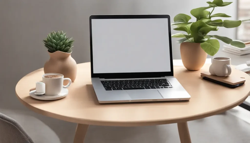 Mesa de escritório com laptop, documentos, caneca de café, smartphone e planta decorativa sob iluminação suave.