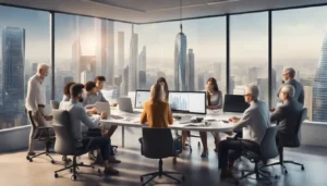 Grupo de pessoas em torno de uma mesa de conferência com laptops e gráficos em tela grande, cidade moderna visível ao fundo.