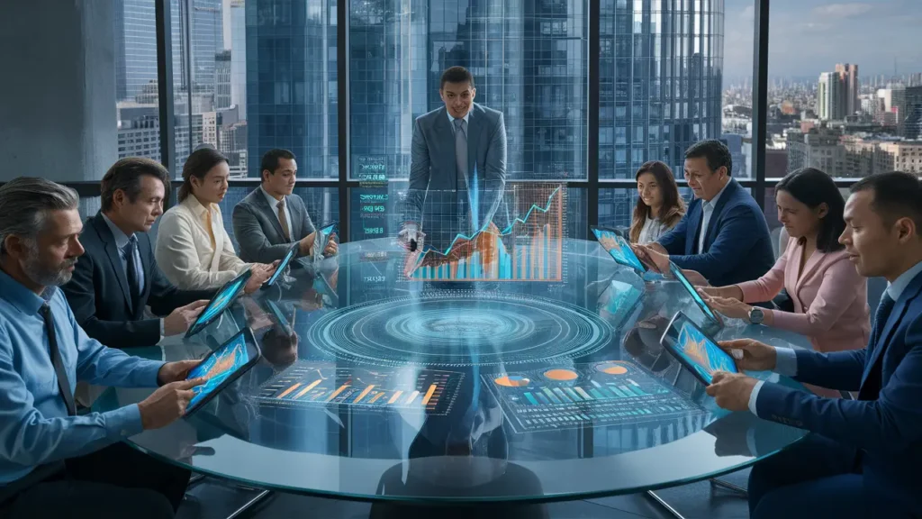 Pessoas ao redor de uma mesa de vidro, com tablets exibindo hologramas coloridos e cidade ao fundo.