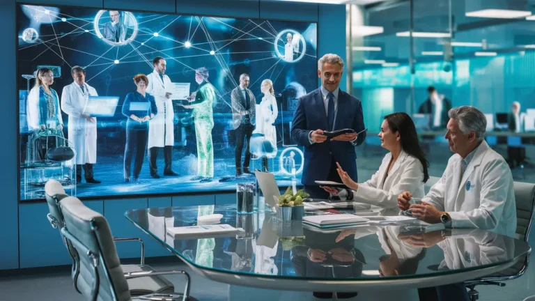 Pessoas conectadas em uma rede holográfica futurista, exibindo colaboração entre saúde e negócios.