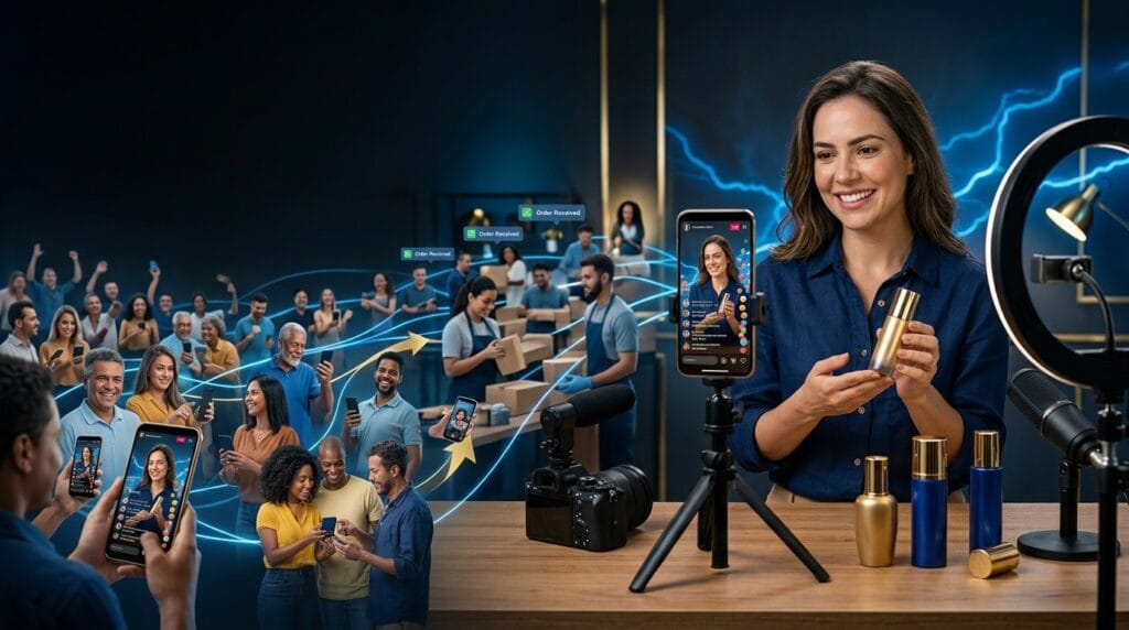 Ilustração sobre social commerce e vendas por vídeo aplicadas ao marketing multinível